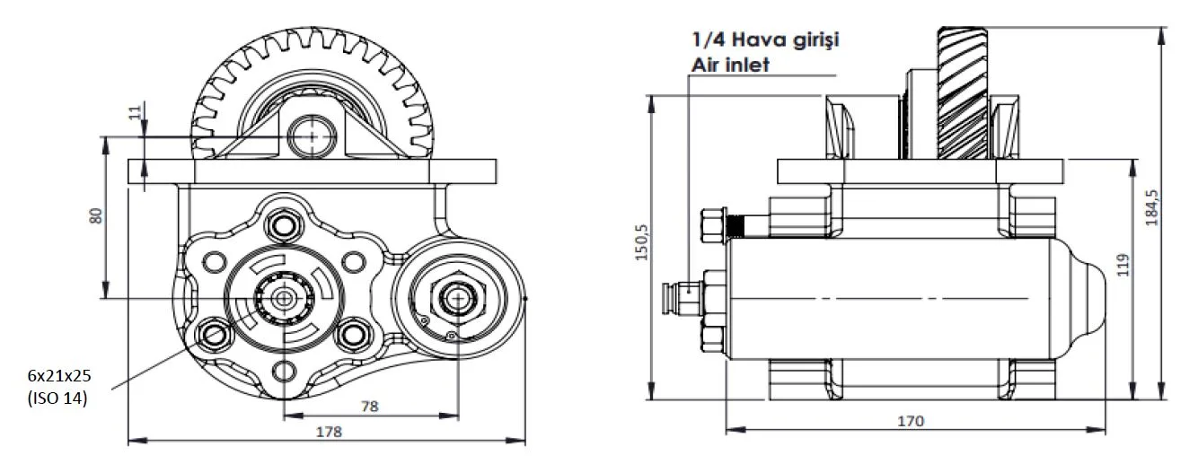 CTM 092 PTO teknik çizimi — kesit, ölçü ve montaj şeması