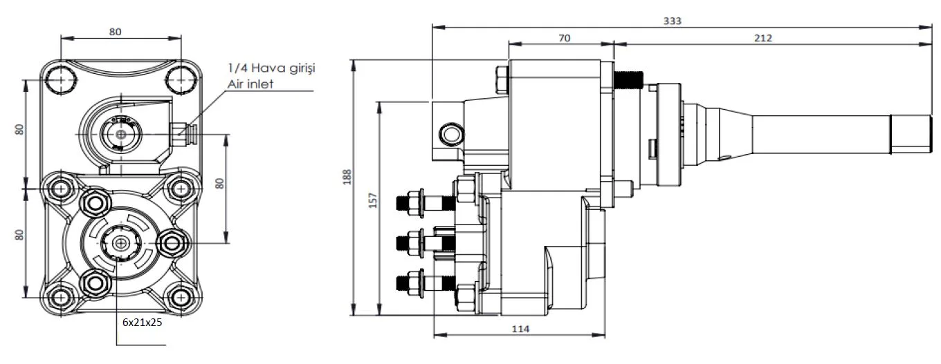 CTM 093 PTO teknik çizimi — kesit, ölçü ve montaj şeması