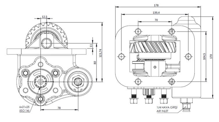 CTM 097 PTO teknik çizimi — kesit, ölçü ve montaj şeması