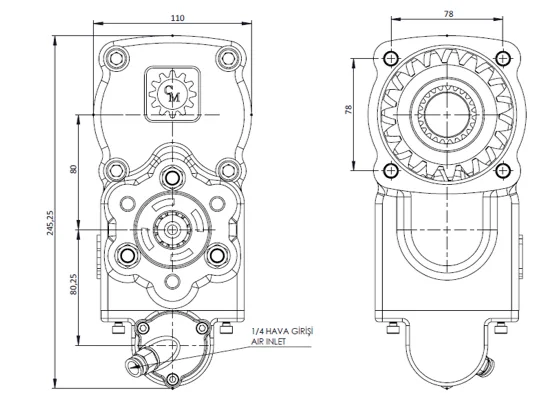 CTM 100 PTO teknik çizimi — kesit, ölçü ve montaj şeması