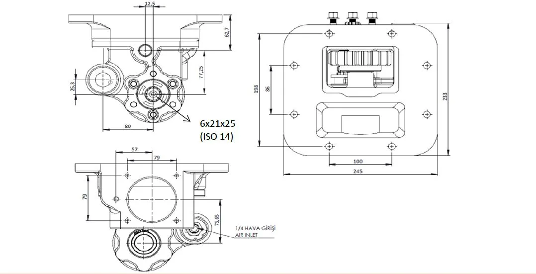CTM 102 PTO teknik çizimi — kesit, ölçü ve montaj şeması