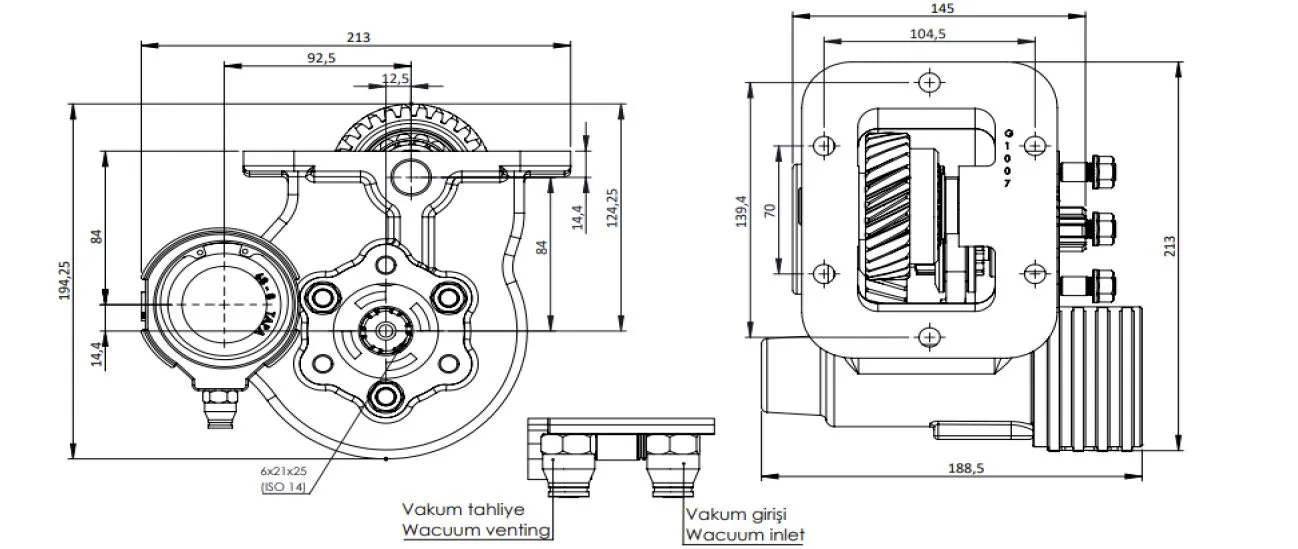 CTM 113 PTO teknik çizimi — kesit, ölçü ve montaj şeması