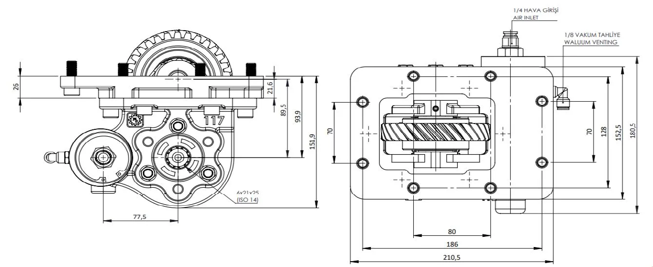 CTM 117 PTO teknik çizimi — kesit, ölçü ve montaj şeması