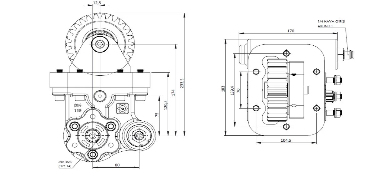 CTM 118 PTO teknik çizimi — kesit, ölçü ve montaj şeması