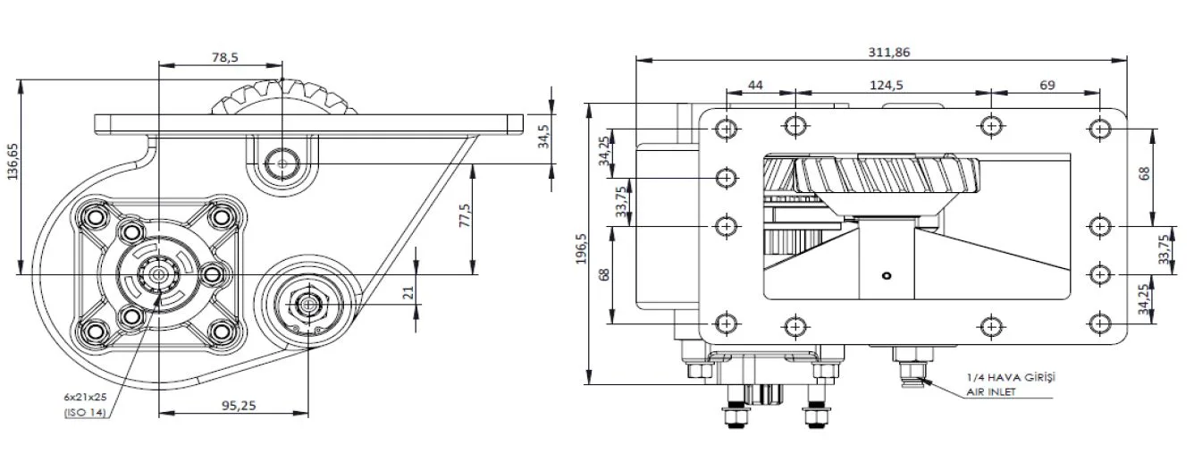 CTM 121 PTO teknik çizimi — kesit, ölçü ve montaj şeması