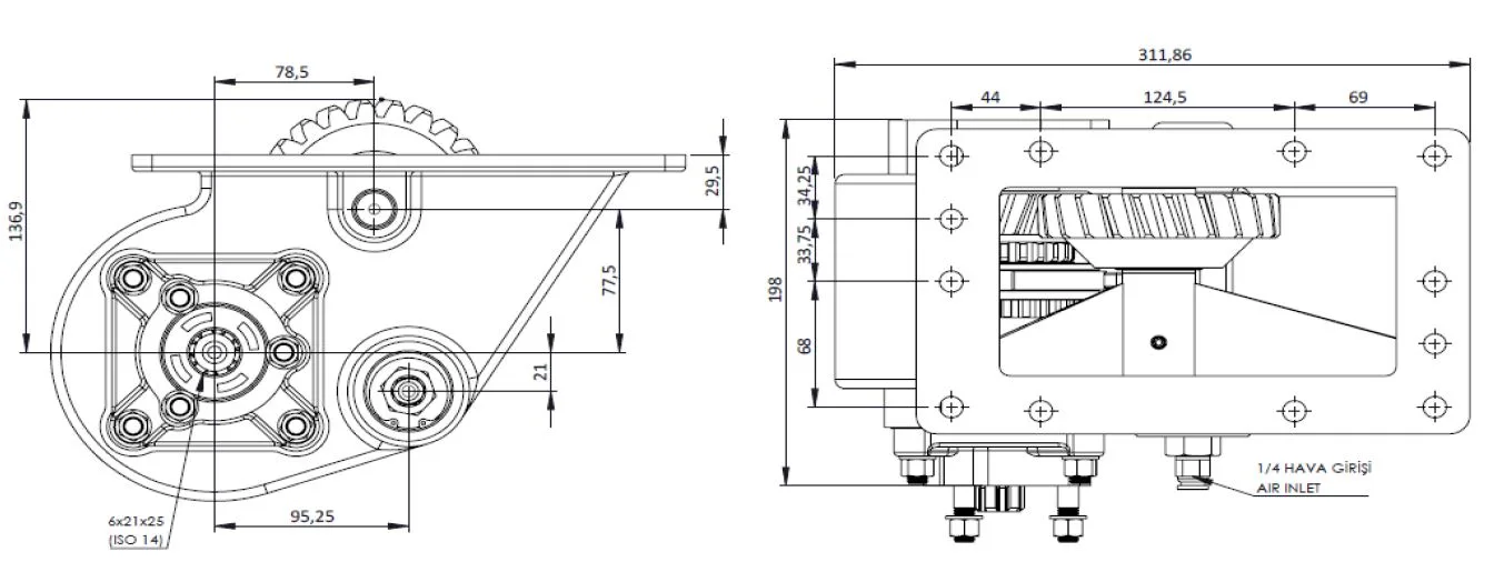 CTM 125 PTO teknik çizimi — kesit, ölçü ve montaj şeması