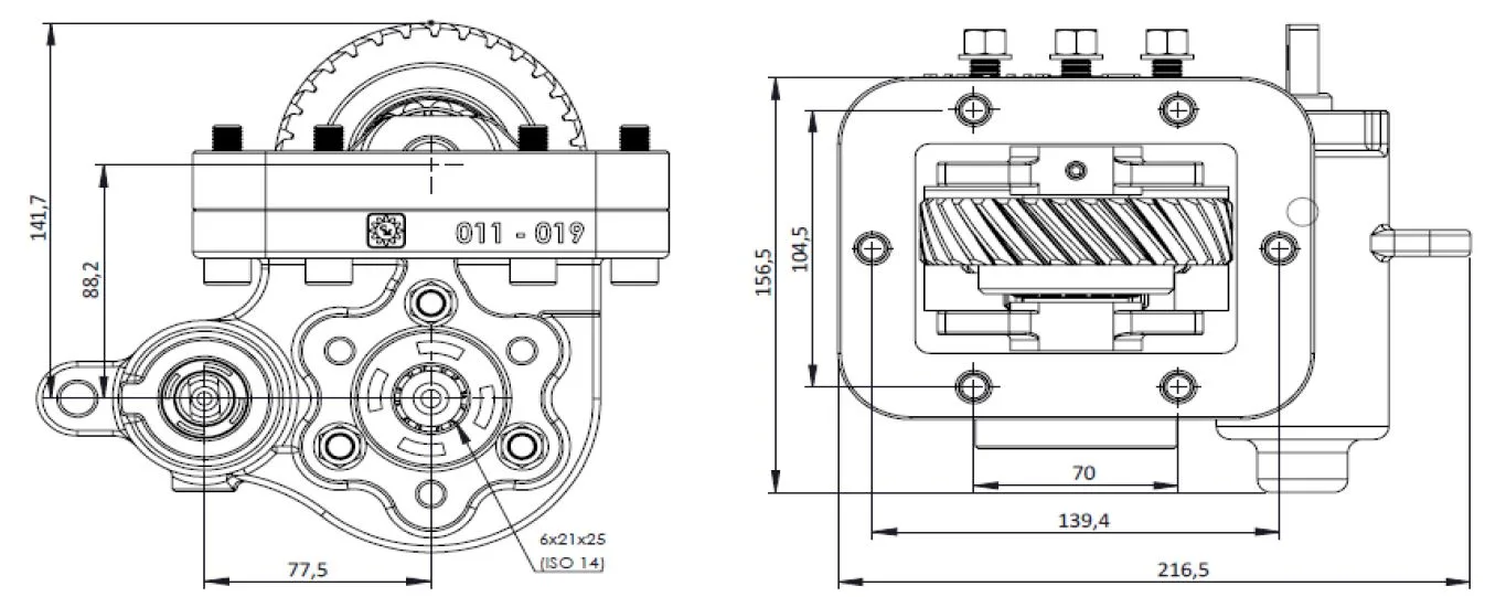 CTM 128 PTO teknik çizimi — kesit, ölçü ve montaj şeması
