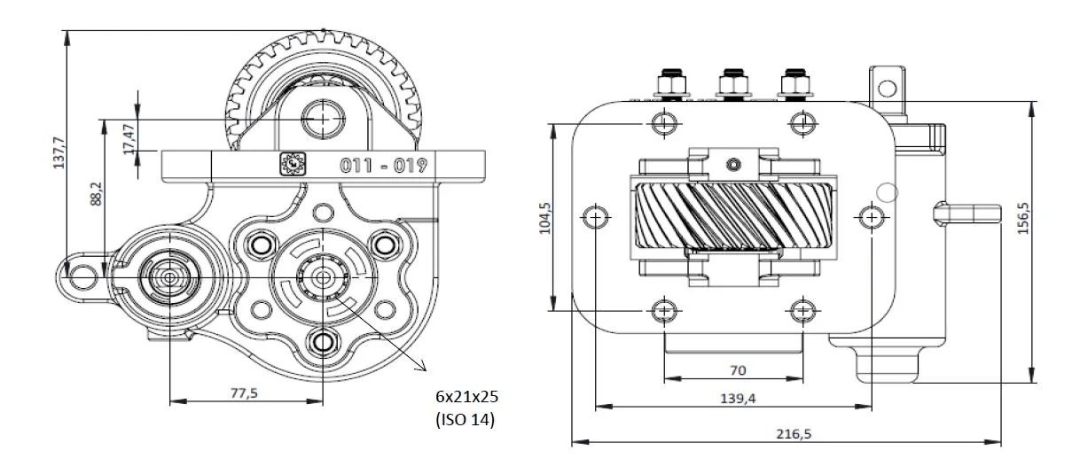 CTM 129 PTO teknik çizimi — kesit, ölçü ve montaj şeması