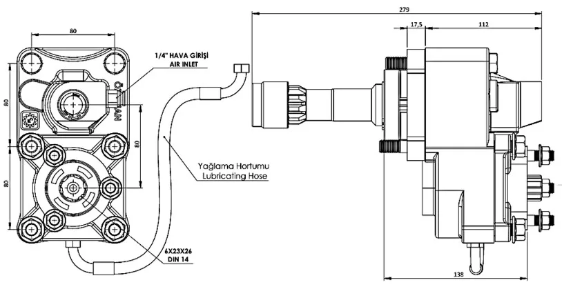 CTM 132 PTO teknik çizimi — kesit, ölçü ve montaj şeması