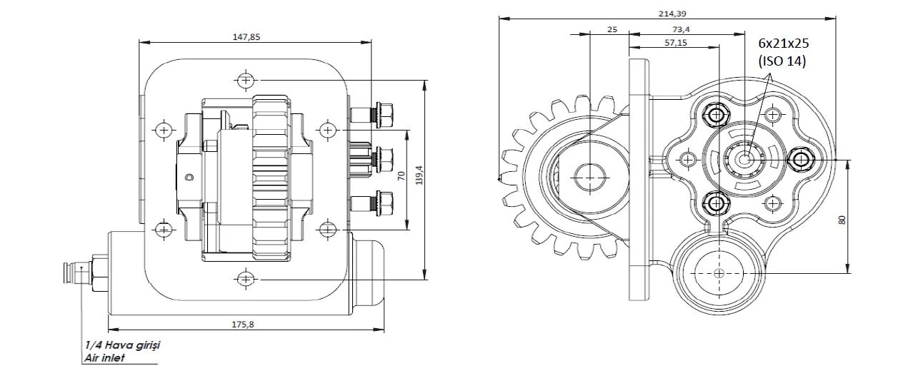 CTM 134 PTO teknik çizimi — kesit, ölçü ve montaj şeması