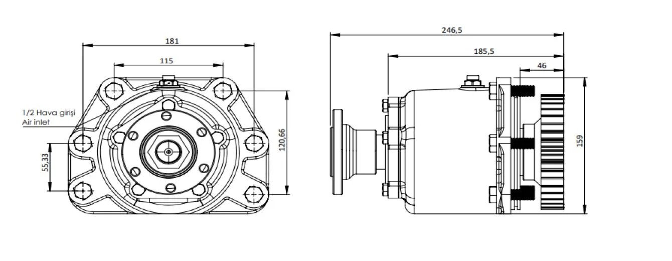 CTM 138 PTO teknik çizimi — kesit, ölçü ve montaj şeması