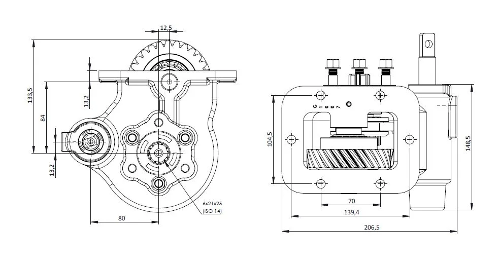 CTM 150 PTO teknik çizimi — kesit, ölçü ve montaj şeması
