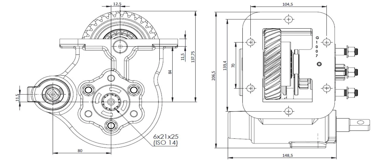 152 CTM PTO teknik çizimi — kesit, ölçü ve montaj şeması