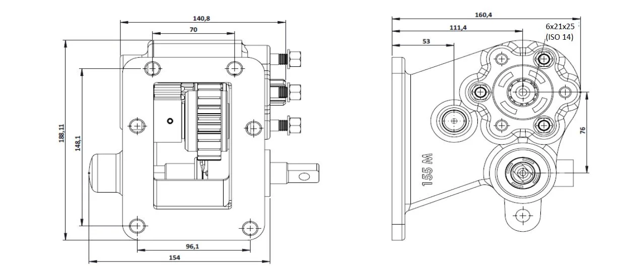 CTM 155 PTO teknik çizimi — kesit, ölçü ve montaj şeması