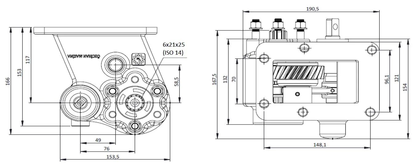 CTM 157 PTO teknik çizimi — kesit, ölçü ve montaj şeması