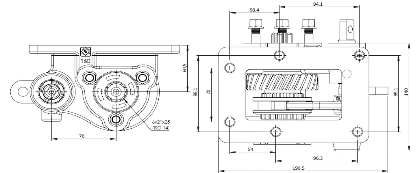 CTM 160 PTO teknik çizimi — kesit, ölçü ve montaj şeması