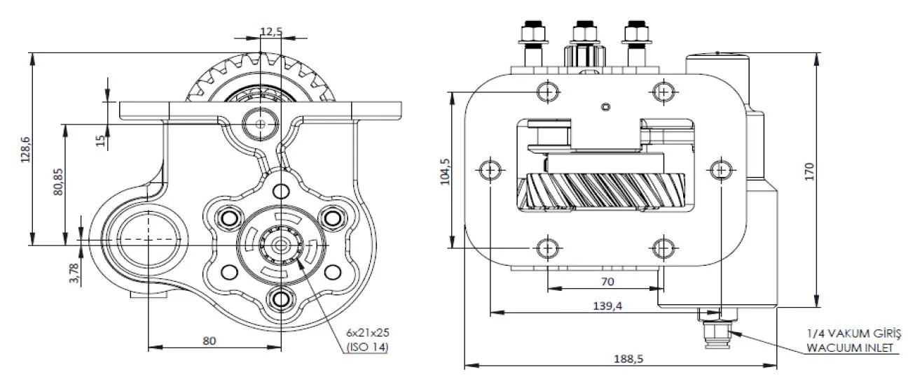 CTM 162 PTO teknik çizimi — kesit, ölçü ve montaj şeması