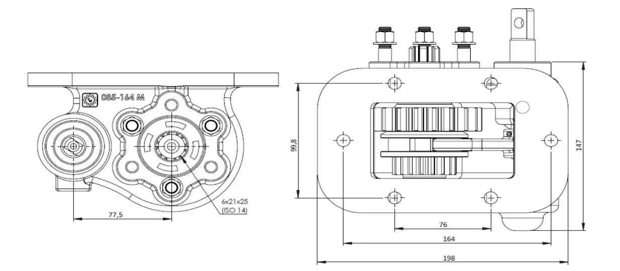 CTM 164 PTO teknik çizimi — kesit, ölçü ve montaj şeması