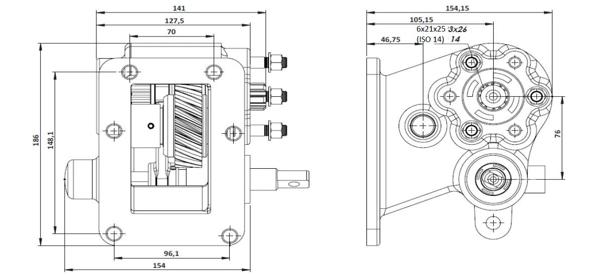 CTM 185 PTO teknik çizimi — kesit, ölçü ve montaj şeması