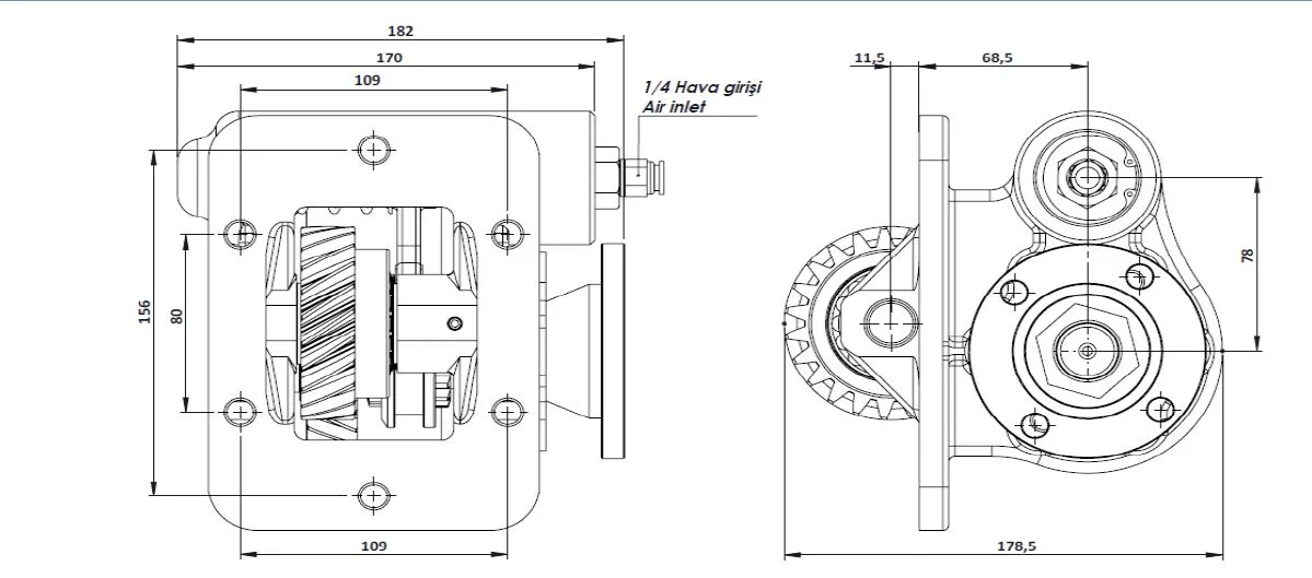 CTM 190 PTO teknik çizimi — kesit, ölçü ve montaj şeması