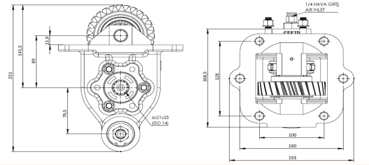 CTM 201 PTO teknik çizimi — kesit, ölçü ve montaj şeması