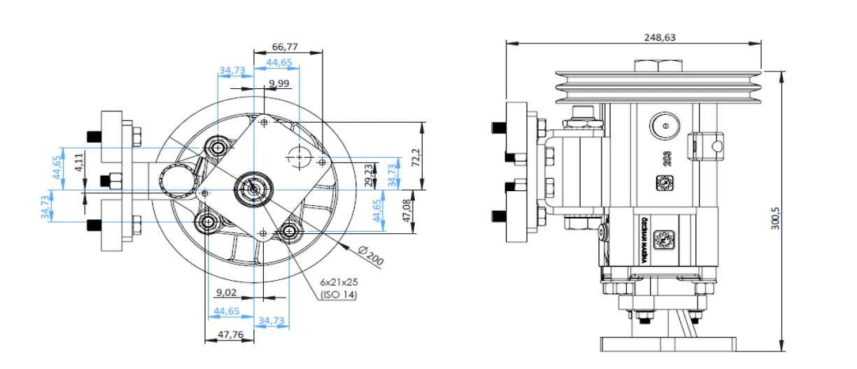 CTM 203 PTO teknik çizimi — kesit, ölçü ve montaj şeması