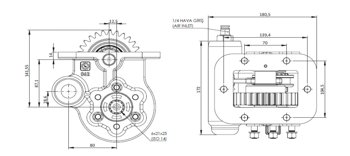 CTM 204 PTO teknik çizimi — kesit, ölçü ve montaj şeması