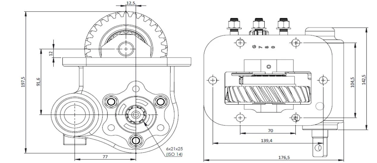 CTM 210 PTO teknik çizimi — kesit, ölçü ve montaj şeması