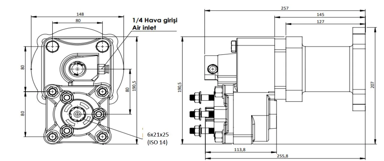 CTM 215 PTO teknik çizimi — kesit, ölçü ve montaj şeması