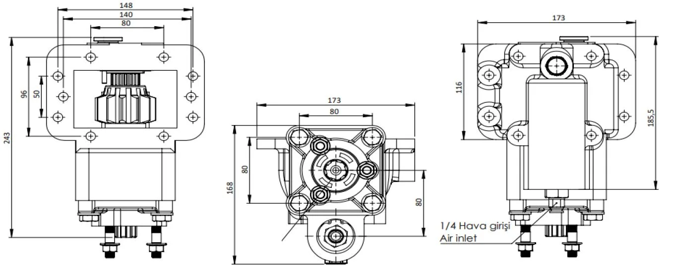 CTM 223 PTO teknik çizimi — kesit, ölçü ve montaj şeması