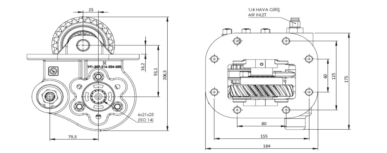 CTM 224 PTO teknik çizimi — kesit, ölçü ve montaj şeması