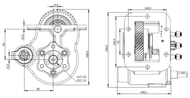 CTM 230 PTO teknik çizimi — kesit, ölçü ve montaj şeması