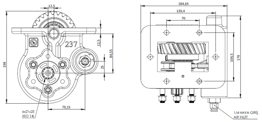 CTM 237 PTO teknik çizimi — kesit, ölçü ve montaj şeması