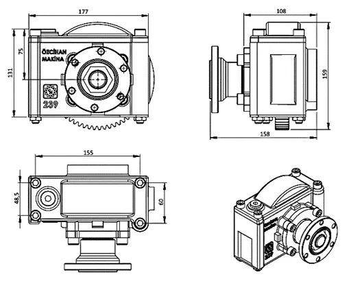 CTM 239 PTO teknik çizimi — kesit, ölçü ve montaj şeması
