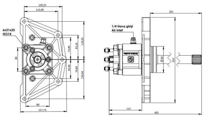CTM 240 PTO teknik çizimi — kesit, ölçü ve montaj şeması
