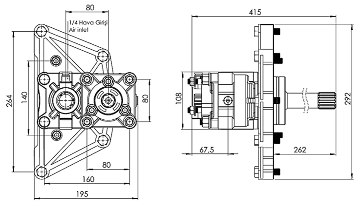 CTM 241 PTO teknik çizimi — kesit, ölçü ve montaj şeması