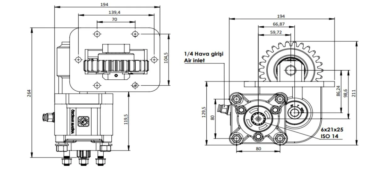 CTM 243 PTO teknik çizimi — kesit, ölçü ve montaj şeması