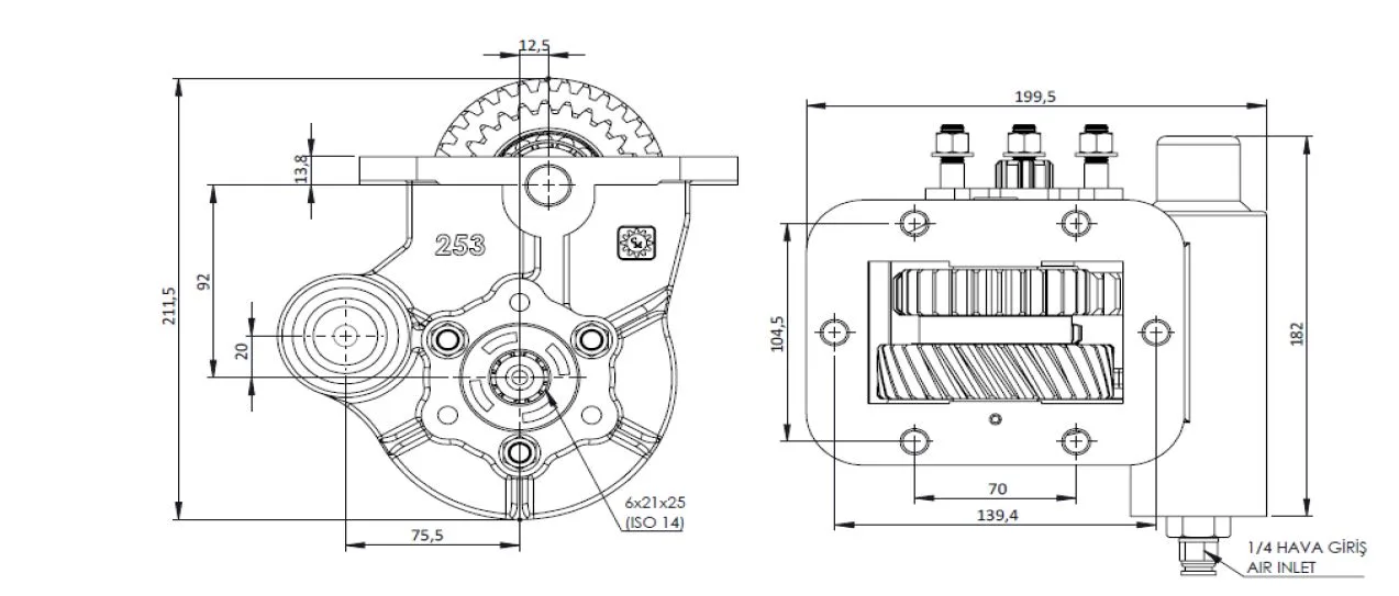 CTM 253 PTO teknik çizimi — kesit, ölçü ve montaj şeması