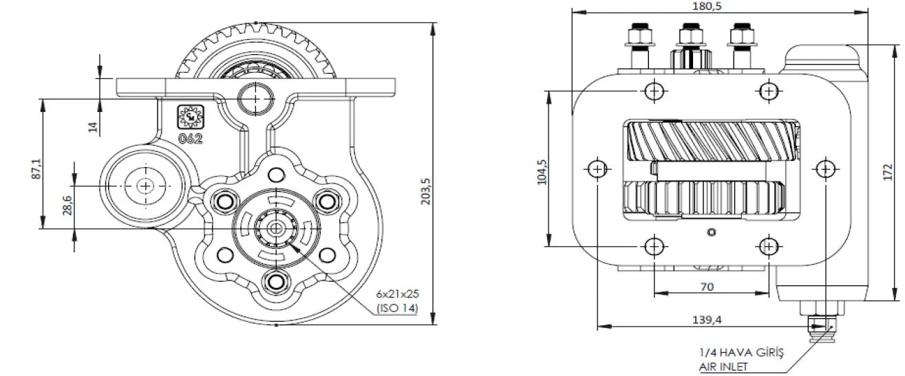CTM 255 PTO teknik çizimi — kesit, ölçü ve montaj şeması