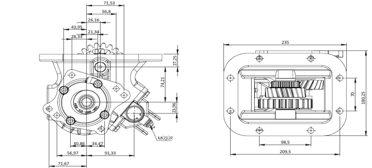 CTM 271 PTO teknik çizimi — kesit, ölçü ve montaj şeması