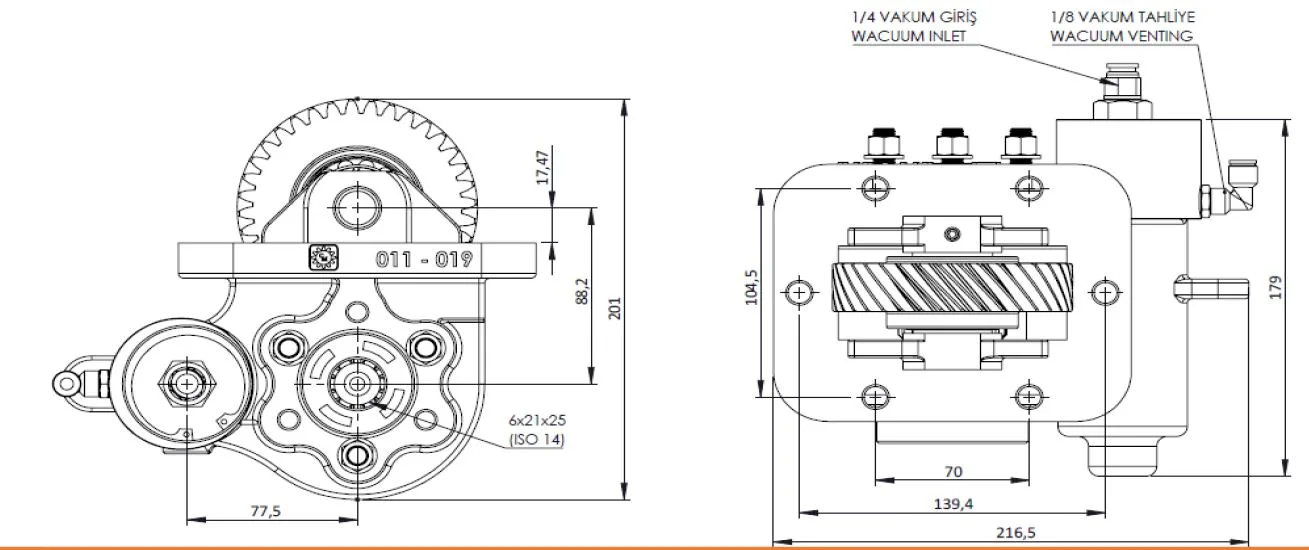 CTM 273 PTO teknik çizimi — kesit, ölçü ve montaj şeması