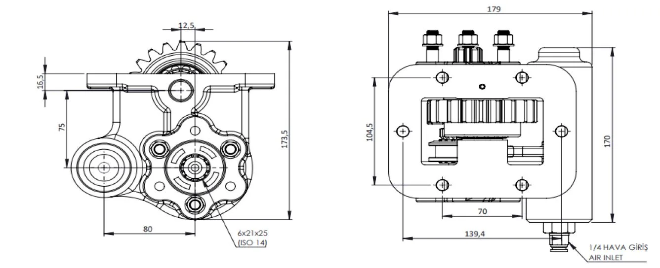 CTM 282 PTO teknik çizimi — kesit, ölçü ve montaj şeması