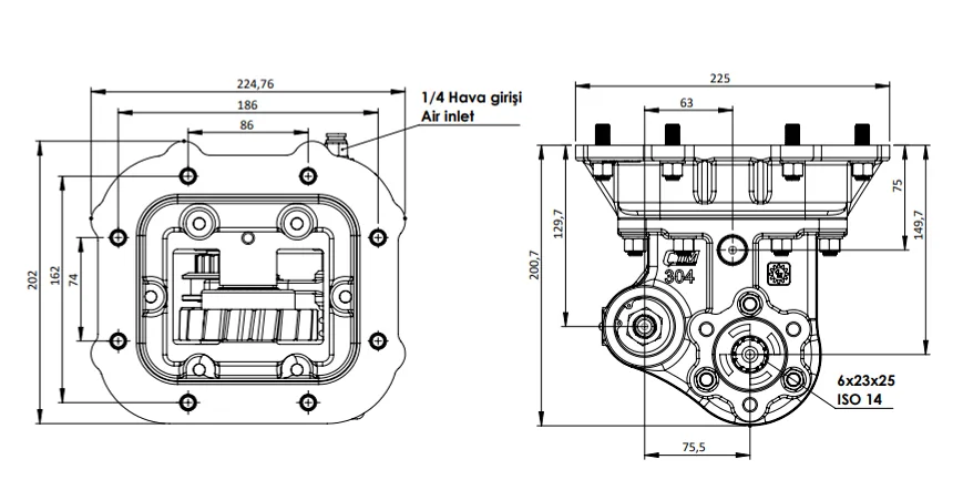 CTM 304 PTO teknik çizimi — kesit, ölçü ve montaj şeması