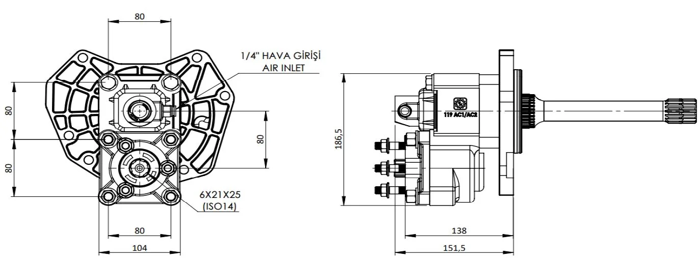 CTM 310 PTO teknik çizimi — kesit, ölçü ve montaj şeması