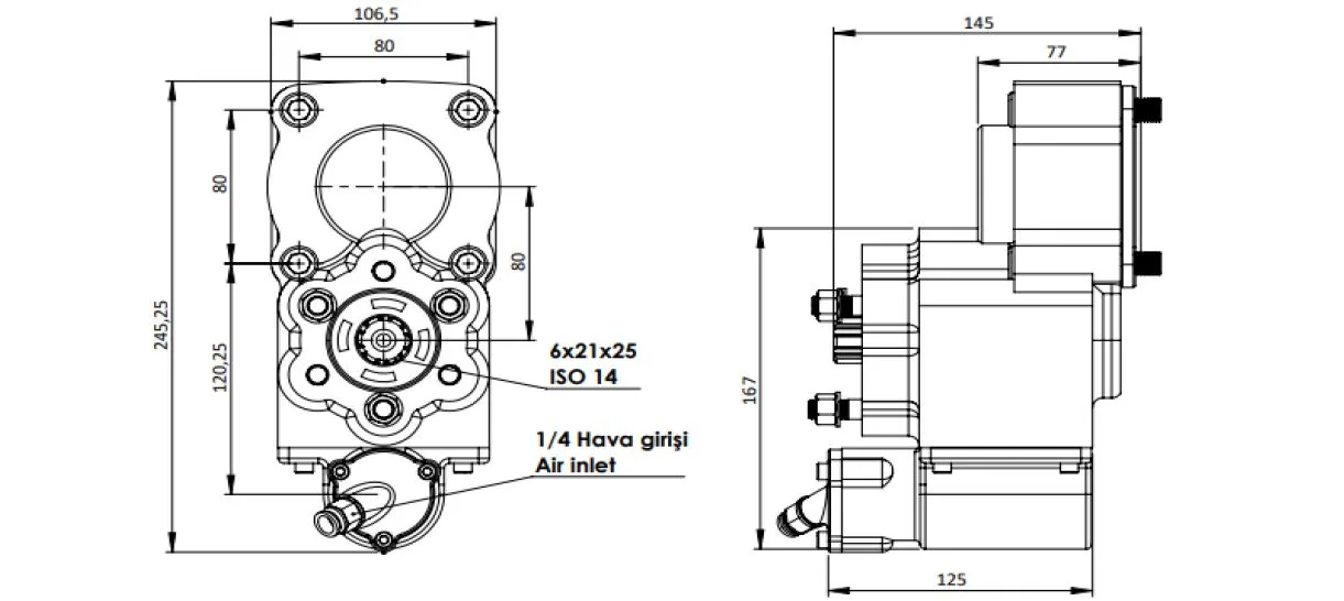CTM 320 PTO teknik çizimi — kesit, ölçü ve montaj şeması