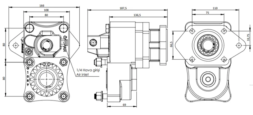 CTM 321 PTO teknik çizimi — kesit, ölçü ve montaj şeması