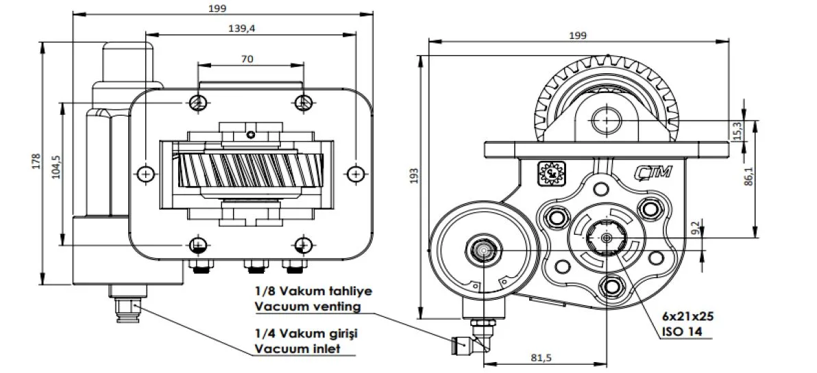 CTM 327 PTO teknik çizimi — kesit, ölçü ve montaj şeması